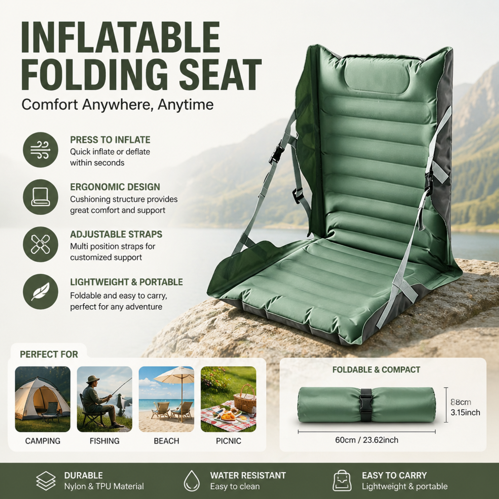 Outdoor Furniture Green - Inflatable Folding Seat Cushion with Back
